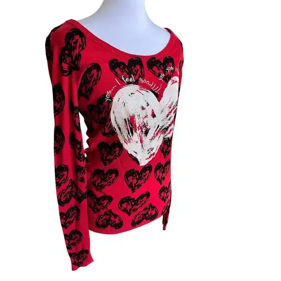 Desigual Red Heart Print Sweater Top Y2K Graphic Long Sleeve Women’s M - Picture 3 of 8